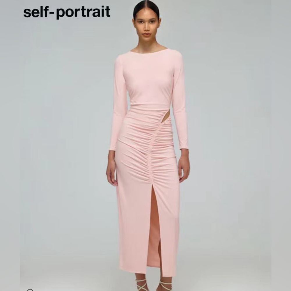 SELF-PORTRAIT Pink Jersey Gathered Cut Out Midi Dress - US 8